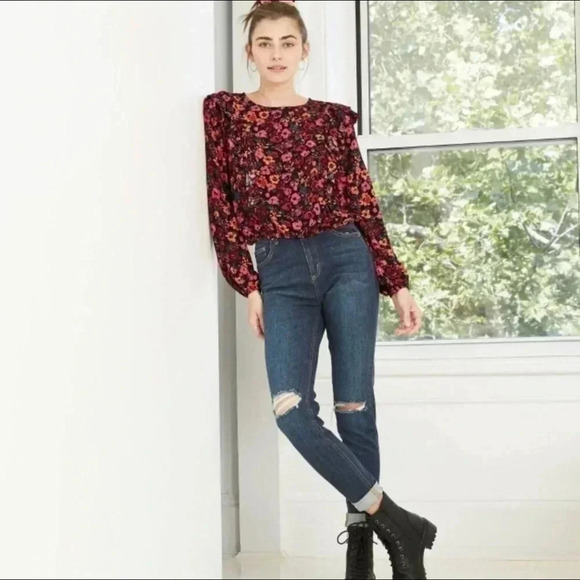 Wild Fable Women's Size Small Black Floral Ruffle Blouse Long Sleeve Cottagecore - Picture 8 of 8